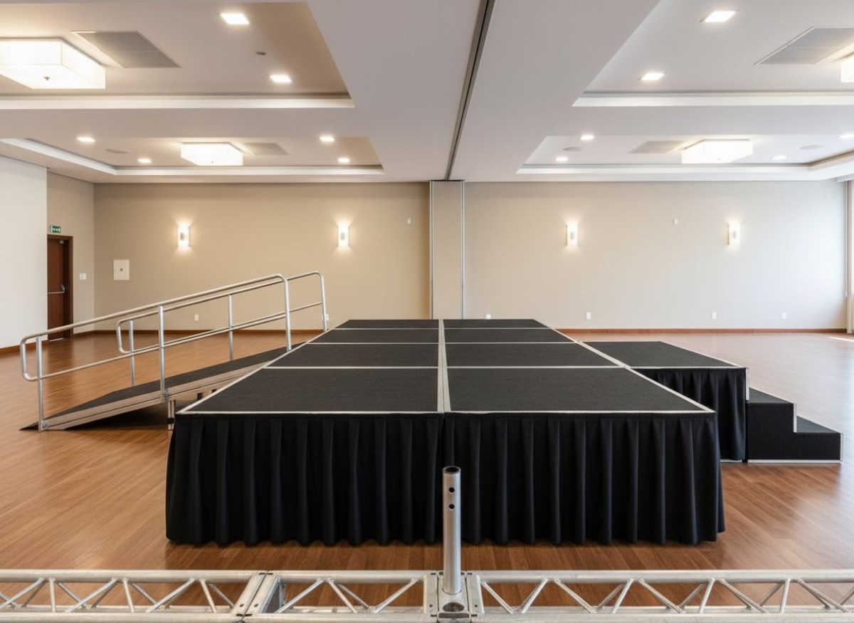 Palco modular com rampa PNE e saia em salão corporativo