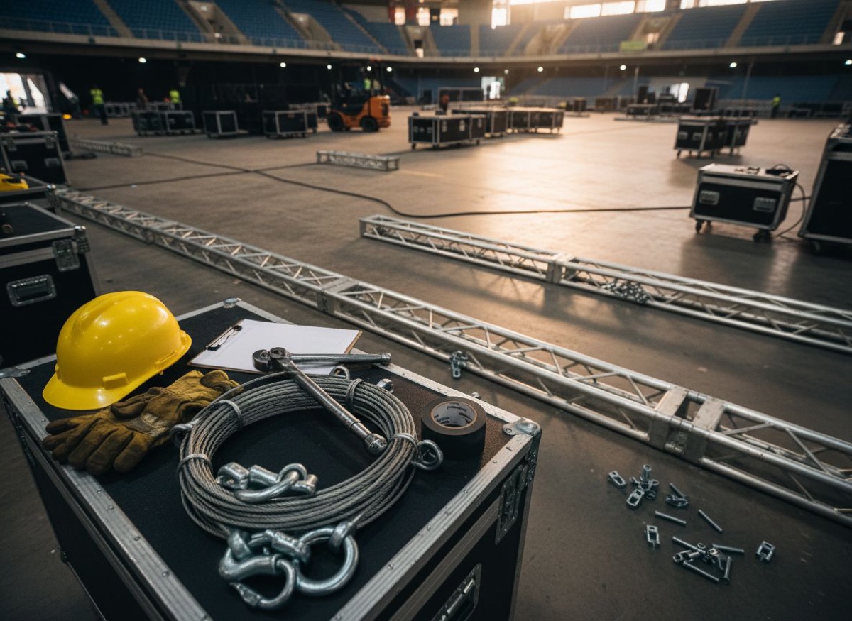 Equipamento de rigging profissional: capacete, luvas, cabos de aço e shackles em road case