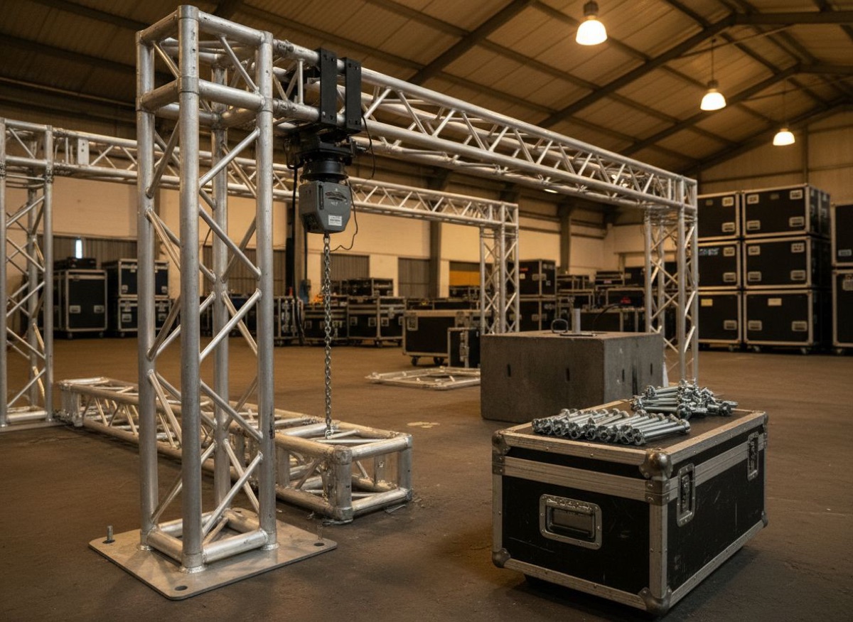 Treliças Q30 e Q50 em galpão com flight cases e hoist elétrico