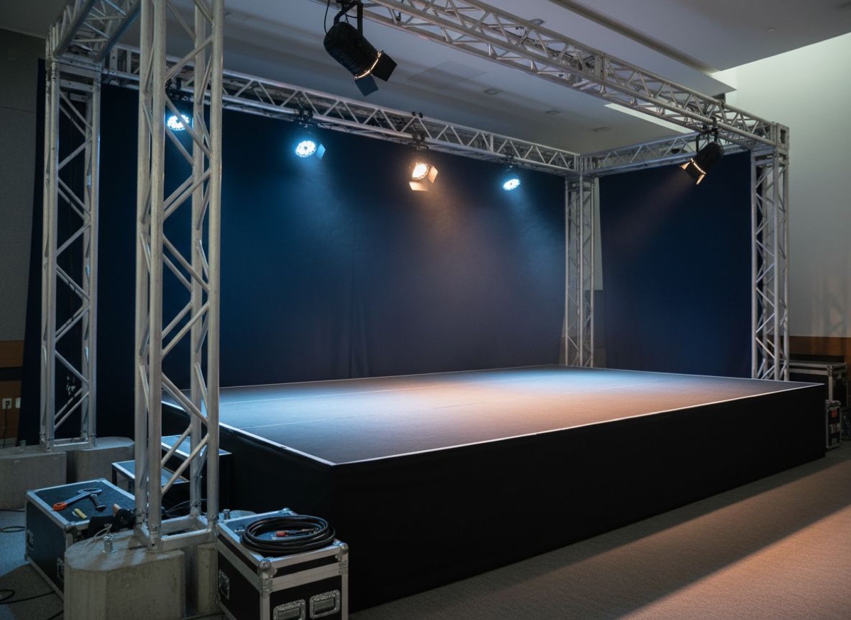 Palco corporativo com estrutura de truss Q30, par LED e fresnel em setup profissional