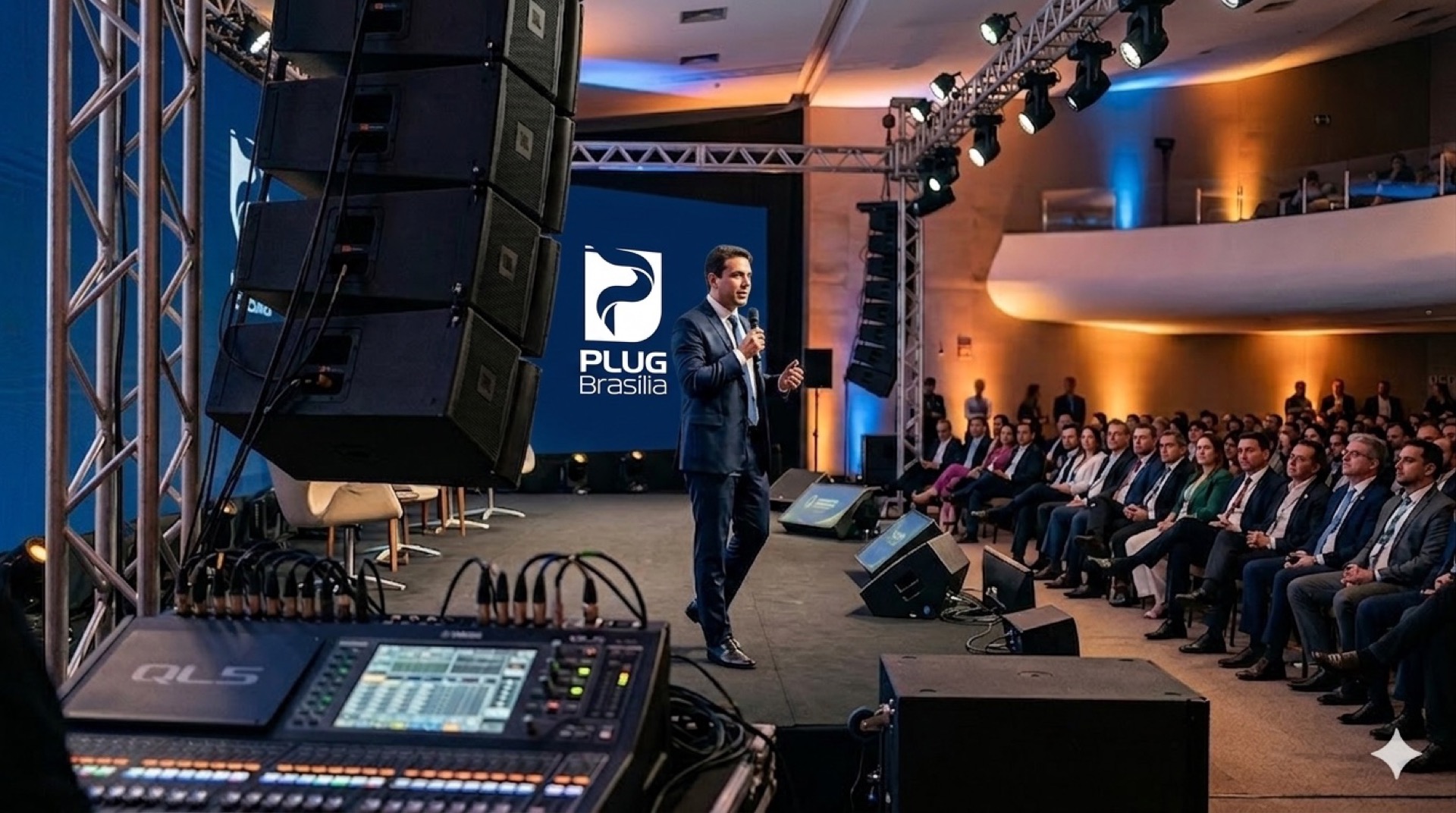 Convenção corporativa em Brasília com palco iluminado, line array, mesa de som DiGiCo e plateia executiva