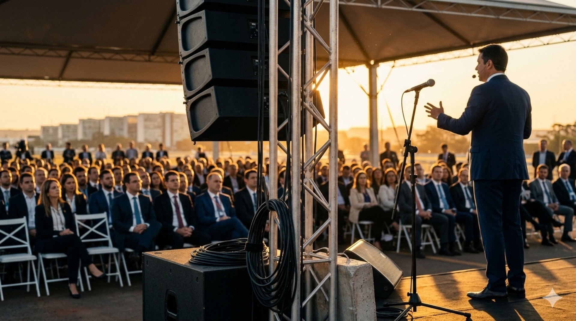 Evento corporativo ao ar livre em Brasília durante golden hour com palestrante, line array e plateia executiva