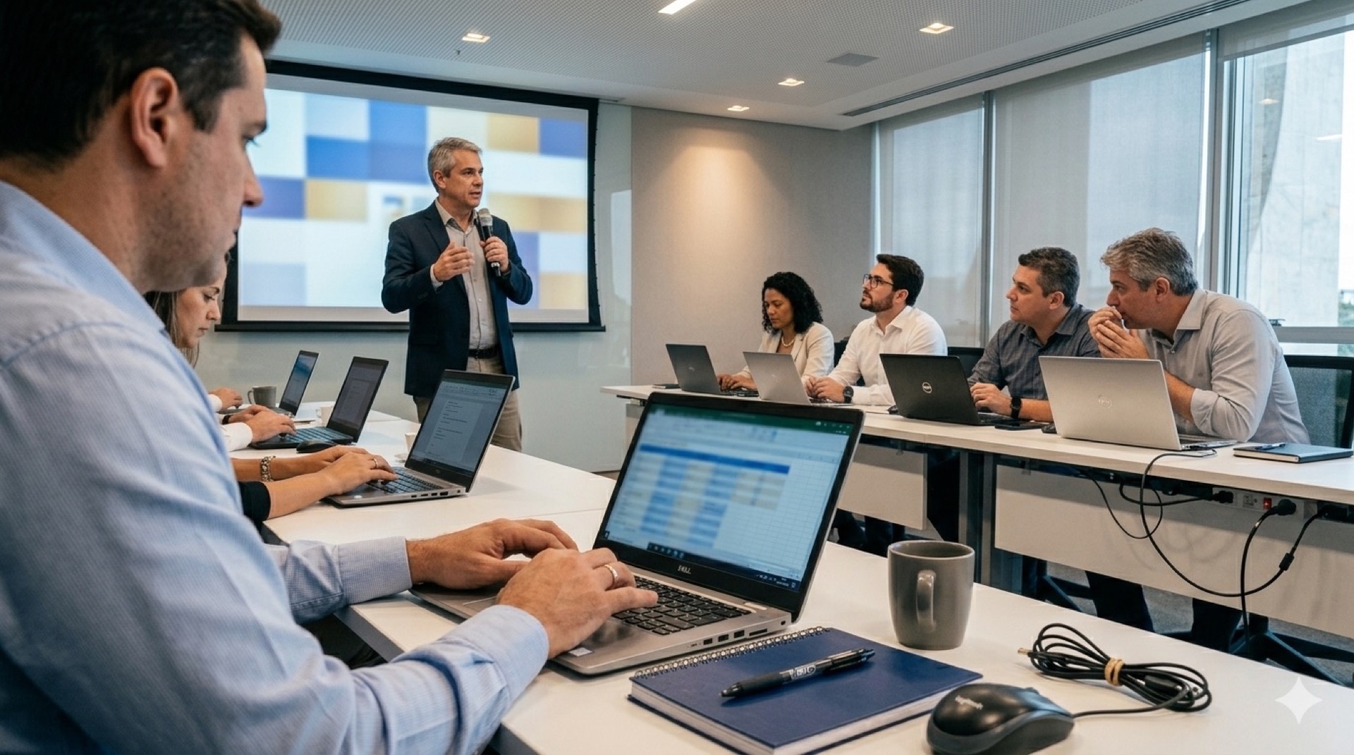 Sala de treinamento corporativo com facilitador ao microfone, projeção e participantes em notebooks