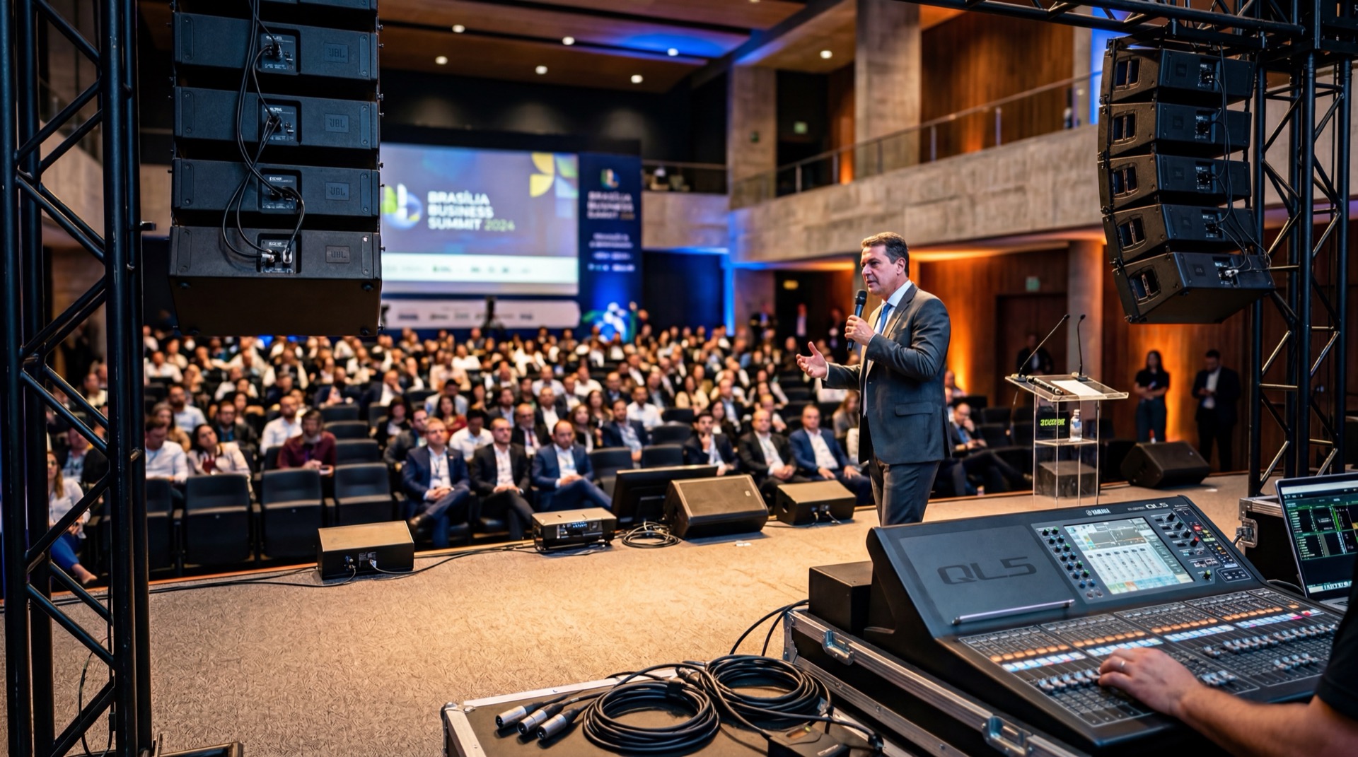 Palco de evento corporativo em Brasília com sistema de som profissional, line-array e mesa digital
