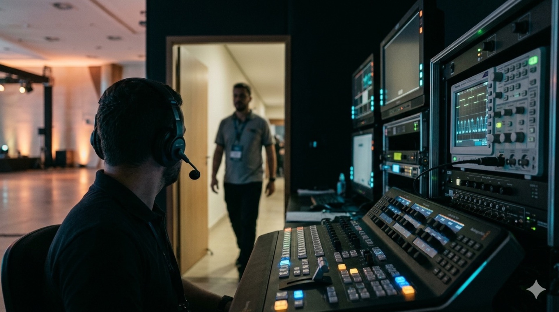 Operador de transmissão em switcher com monitores de multiview em evento corporativo